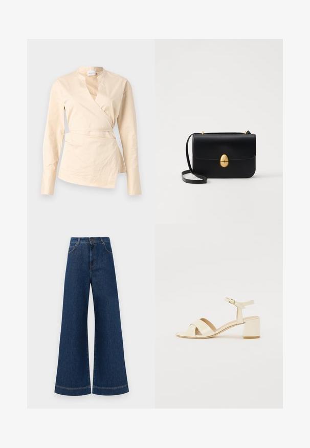 Kremo spalvos apvyniotas marškinis, pagamintas iš medvilnės, su ilgomis rankovėmis, gilia V formos iškirpte ir šoniniu raiščiu, suteikiančiu formą ir struktūrą.; Plati mėlynos džinsinės kelnės su aukštu liemeniu, turinčios mygtukų užsegimą, diržo kilpas ir subtilius siuvinėjimo akcentus ant kišenių bei apdailos.; Bežinės patentinės odos aukštakulnės šlepetės su kryžminiu dirželiu, atvira nosimi, reguliuojamu kulkšnies dirželiu ir blokuotu kulnu. Lygi tekstūra.; Juodas odinis rankinukas su struktūrine stačiakampio forma. Yra auksinė ovali sagtis ir plona petneša. Glotni tekstūra.