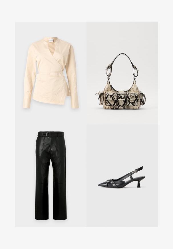 Bež srajca z ovitkom iz bombaža, z dolgimi rokavi, globokim V-izrezom in stransko zavezovanjem za obliko in strukturo.; Visoko pasovane črne usnjene hlače širokih nogavic z velikimi sprednjimi žepi in usnjenim pasom s podvojenim zaponko.; Črne usnjene sandale središnje zaponke z ostro konico, okrasnimi trakovi z kovinskimi očesi in nizko blokasto peto. Teksturirana površina.; Python-ženska torba v bež in črni barvi, ki se ponaša z strukturirano obliko, podrobnostjo s sponko in dvema naramnicama. Teksturna površina.