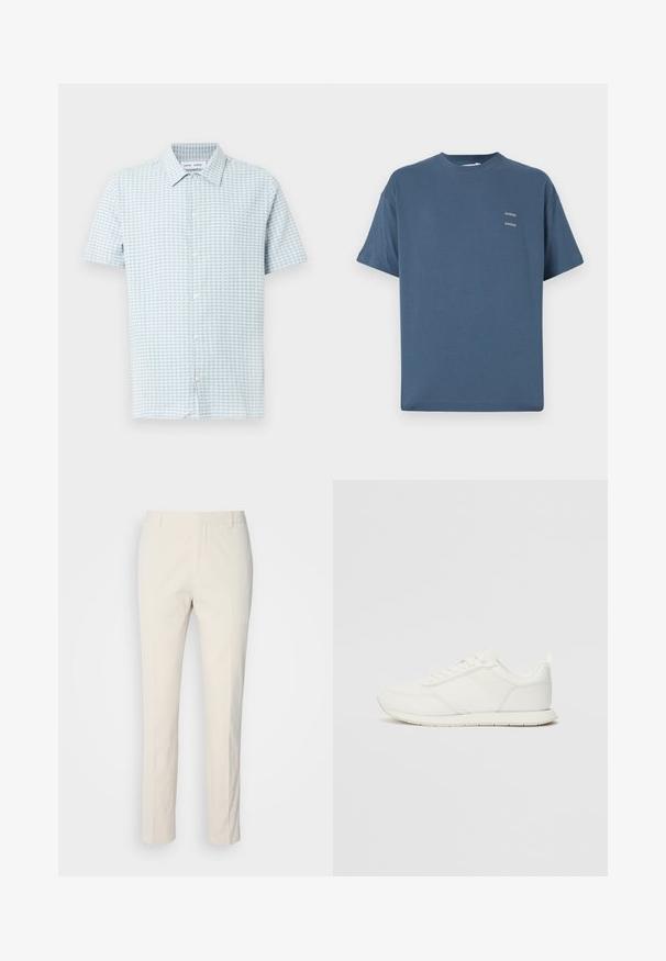 Lühikeste varrukatega särgi nööbid on helesinise ja valge ruudulise mustriga. Valmistatud kerge kangaga, klassikalise krae ja standardsuurusega istuvusega.; Sinine puuvillane T-särk klassikalise ümmarguse kaelusega, lühikeste varrukatega, vabalt istuv ning kahel väikesel prinditud logol rinnal. Sile tekstuur.; Kreemjas toonis kohandatud püksid tekstuuriga kangast. Omab sirge lõike disaini, vöökonste ja kahte eesmist taskut. Mustriteta.; Valged tennisesid, millel on võrgust ja sünteetilisest materjalist ülemine osa, ümar varvas, lamedad paelad ja tekstureeritud külgmine triip. Kummist tallaosa, tagaküljel tõmbetab.