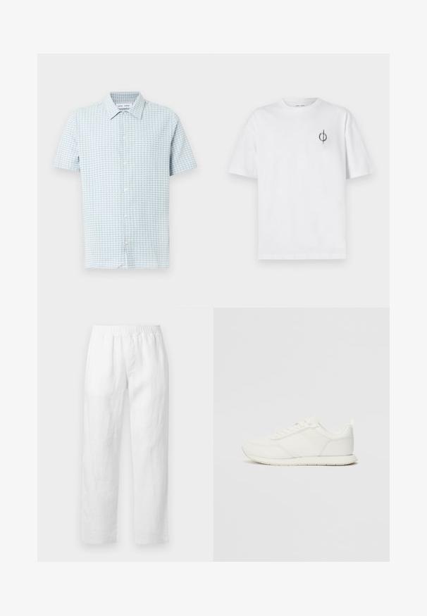 Kortegemouw bloes met knopen in lichtblauw-wit geruit dessin. Gemaakt van lichtgewicht stof met een klassieke kraag en een standaard pasvorm.; Witte katoenen t-shirt met een ontspannen pasvorm, voorzien van een klein zwart graphic logo op de linkerkant van de borst. Korte mouwen, ronde hals.; Witte linnen broek met een elastische tailleband, rechte pijpen en een zachte textuur zonder zichtbare patronen of hardwaredetails.; Witte sneaker met een bovenwerk van mesh en synthetisch materiaal, ronde neus, platte veters en een getextureerde zijstrip. Rubberen zool met een lusje aan de achterkant.