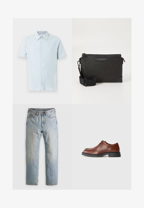 Short-sleeve button-up shirt in light blue and white gingham pattern. Made of lightweight fabric with a classic collar and standard fit.; Light blue denim jeans with high waist, front button, zipper, and five-pocket design, laid flat on a neutral background.; Brown leather dress shoe with a rounded toe, contrasting stitching, lace-up design, and a textured black rubber sole.; Black leather crossbody bag with a textured finish, featuring a zip closure and adjustable strap. Logo patch on the front. Rectangular shape.