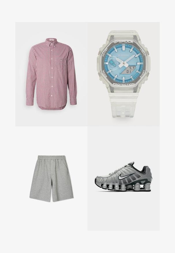 Rdeča in bela karirana srajca z dolgimi rokavi, ovratnikom in žepom na prsih. Iz lahkega materiala, gladke teksture.; Bela bombažna majica brez rokavov z okroglo izrezom, širokimi naramnicami in ravnim robom, ki se ponaša z gladko teksturo in brez vidnih vzorcev.; Sive kratke hlače iz bombaža z elastičnim pasom, ki imajo stranske žepke in sproščen kroj. Gladka tekstura in dolžina do kolen.; Sive in črno Nike tekaška čevelj s vidno vzmetno blaženje pod podplatom in belim logotipom swoosh na strani.; G-Shock ura z jasnim smolnatim ohišjem, modrim številčnicom, kovinskimi poudarki, digitalnim prikazom in teksturiranim silikonskim paščkom. Vodoodporen do 20 barov.