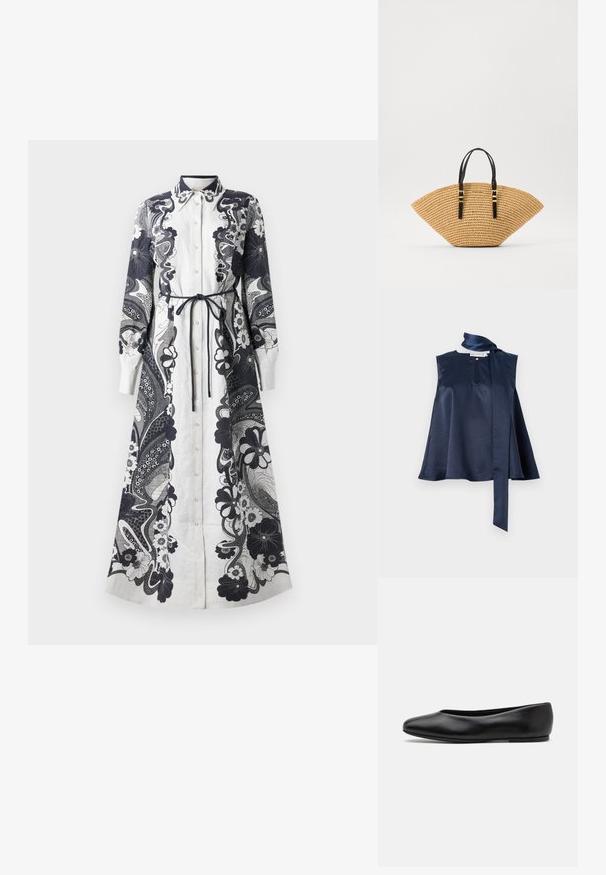 Tyrkysový saténový top bez rukávů s detaily ve tvaru klíčové dírky, splývavým designem a dlouhou šálou vázanou na krku, s hladkou texturou a splývavostí.; Dlouhé, košilové šaty vyrobené z lehkého materiálu. Přednostně bílé s jemnými námořnickými květinovými a paisley vzory. Detaily vázání v pase.; Paul Smith TOPANGA - Klasické baleríny - black; Slámová taška v jedinečném tvaru vějíře, béžová pletená texturu a černé kožené rukojeti se zlatými sponami. Nastavitelný popruh pro všestranné použití.