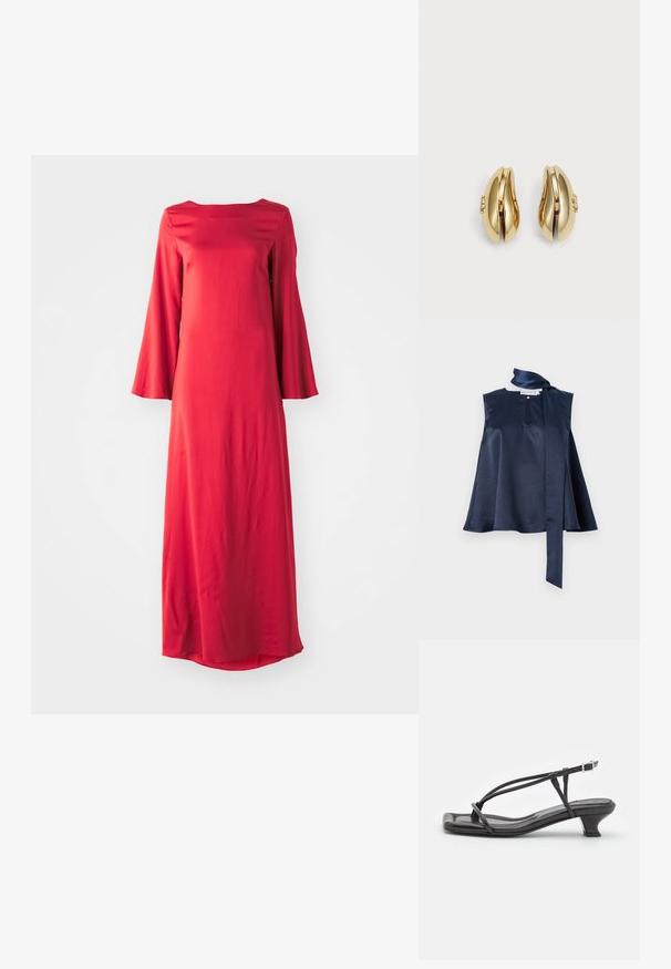 Navy Satin Ärmeloses Top mit Schlüsselöffnung, fließendem Design und langem Schalband am Hals, mit glatter Textur und Drapierung.; Langes rotes Kleid aus leichtem Stoff mit einem Bateau-Ausschnitt und weiten Glockenärmeln. Glatte Textur mit gerader Silhouette.; Schwarze Leder-Sandale mit dünnen Riemen, niedrigem Blockabsatz und quadratischer Spitze. Sie verfügt über einen Schnallenverschluss und eine glatte Textur.; Schwarze Stofftragetasche mit einem einzigartigen V-förmigen Design und glatter Textur. Verfügt über einen kurzen Griff mit minimalistischem Hardware-Detail.; Goldfarbene Ohrringe mit fließendem, geschwungenem Design. Jeder Ohrring hat eine glatte Oberfläche und einen kleinen Verschluss mit einem dekorativen Detail.