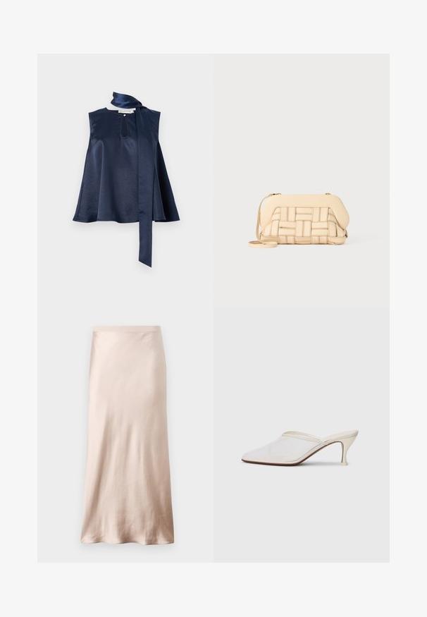 Top sin mangas de satén marino con detalle de ojal, diseño fluido y una larga corbata en el cuello, con textura suave y caída.; Falda midi de satén en beige claro, con una cintura ajustada, textura suave y dobladillo acampanado, sin adornos ni bolsillos visibles.; Mule blanco de malla con punta afilada, tacón medio y diseño de fácil colocación contra un fondo liso.; Bolso tejido beige con un diseño estructurado, que cuenta con una parte superior lisa y una correa larga. Los detalles texturizados realzan la apariencia general.