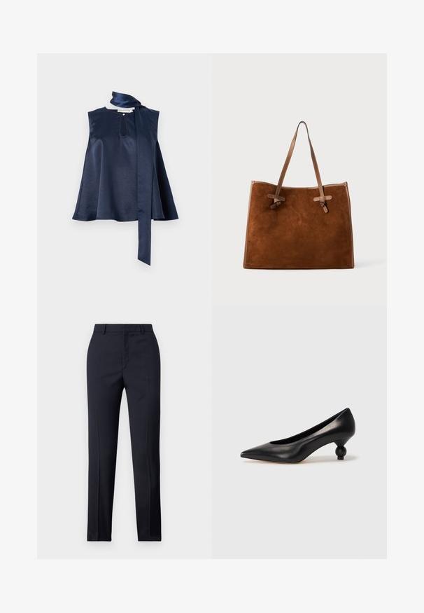 Top sans manches en satin marine avec un détail en trou de serrure, un design fluide et un long noeud en écharpe au niveau du cou, avec une texture lisse et une belle drapé.; Pantalons ajustés bleu marine avec une coupe droite, présentant une texture lisse, deux poches avant et une taille épurée.; Chaussure à talon haut en cuir noir avec un bout pointu et un talon arrondi. Texture lisse avec un design épuré et minimal.; Sac fourre-tout en daim marron avec deux poignées en cuir, de forme plate, avec des accents cousus et un détail de nœud sur les côtés. Aucune fermeture visible.