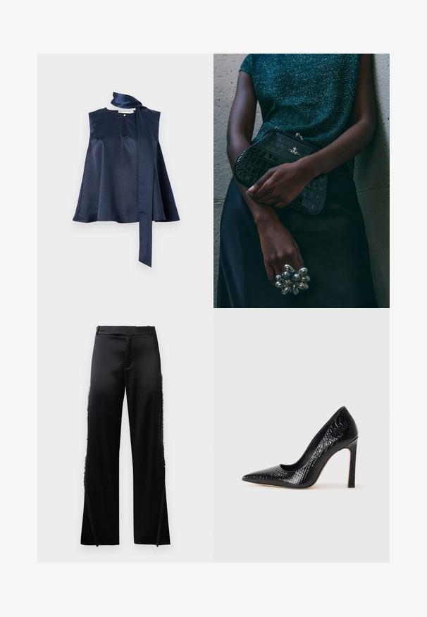 Tengerészkék selyem ujjatlan felső, kulcslyuk részlettel, légies szabással és hosszú sálkötővel a nyaknál, sima textúrával és eséssel.; Fekete selyem nadrág, széles szárakkal, oldalsó varrásain frufru részletekkel és lapos elülső derékrészes. Egyszerű hátul zsebek nélkül.; Fekete hegyes orrú magassarkú cipő krokodilbőr textúrával, letisztult dizájnnal, magas tűsarkú és sima fekete belső résszel.; Fekete krokodilbőr mintázatú válltáska ezüst hardware-rel, egy texturált szürke háttér előtt tartva. Fényes felülettel rendelkezik.