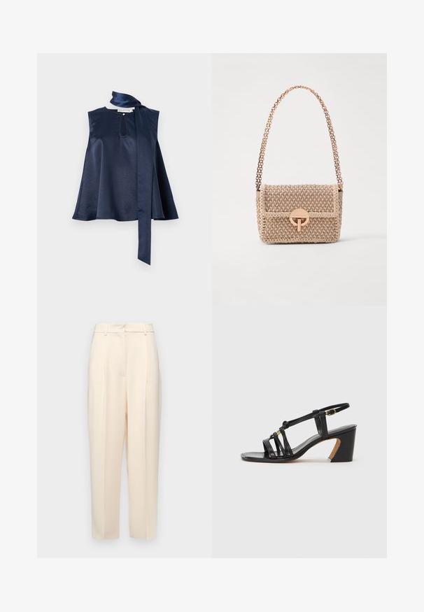 Top senza maniche in satin blu navy con dettaglio a chiave, design fluido e una lunga sciarpa legata al collo, con una texture liscia e un drappeggio elegante.; Pantaloni beige su misura con vestibilità dritta, caratterizzati da pieghe davanti, una texture liscia e vita a media altezza. Senza tasche visibili.; Paul Smith AMIRA - Decolleté - black; Vanessa Bruno MOON - Borsa a tracolla - beige/ivoire
