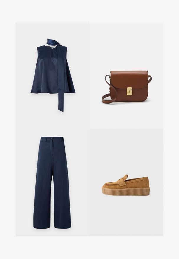 Top sans manches en satin marine avec un détail en trou de serrure, un design fluide et un long noeud en écharpe au niveau du cou, avec une texture lisse et une belle drapé.; Pantalons larges couleur marine en tissu lisse, avec une taille haute, deux boutons à l'avant, deux poches latérales et des ourlets droits.; Mocassin en daim brun à bout rond, avec une semelle plateforme striée et une bande décorative sur le dessus.; Sac à main en cuir marron avec une fermeture à rabat, des accents en métal doré, une bandoulière et une texture lisse. Forme rectangulaire compacte.