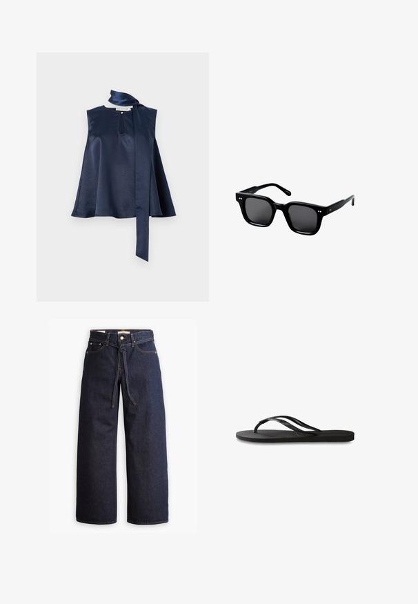 Navy satin sleeveless top featuring a keyhole detail, flowing design, and a long scarf tie at the neck, with smooth texture and drape.; Wide-leg dark blue denim jeans with a high waist, featuring a drawstring tie, five pockets, and contrasting stitching details.; Black flip-flop featuring a textured rubber sole, two slender straps, and a subtle, embossed logo detail on the strap.; Black plastic square sunglasses with dark lenses, featuring a thick frame, two small accent dots on the front, and flat temple arms.; Nanushka THE ORIGAMI - Handbag - moonbeam/creme