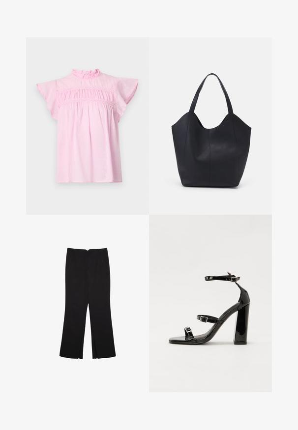 Rosa Baumwollbluse mit einem rüschengesäumten Ausschnitt, fließenden Ärmeln und gerafftem Oberteil mit dekorativem Spitzensaum. Subtile Punktmusterung.; Schwarze Hose mit geradem Schnitt, ausgestattet mit Fronttaschen und Seitenschlitzen am Saum. Hergestellt aus weichem, glattem Stoff. Geeignet für verschiedene Anlässe.; Schwarze patentierte Sandalen mit Absatz, quadratischer Spitze, Knöchelriemen und silbernen Schnallen. Mit einem stabilen Blockabsatz für mehr Stabilität.; Schwarze Tote-Bag aus glattem Leder, mit einem abgerundeten, offenen Oberteil, zwei Schulterträgern und einem minimalistischen Design.