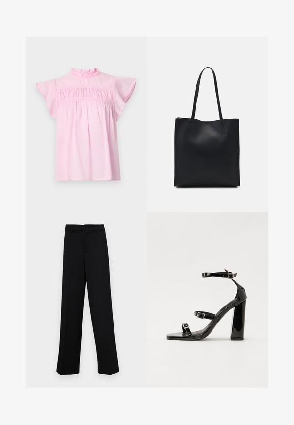 Pink cotton blouse featuring a ruffled neckline, flutter sleeves, and gathered bodice with decorative lace trim. Subtle polka dot texture.; Black wide-leg trousers made of smooth fabric, featuring a classic waistband with a button closure and front pleats.; Black patent heeled sandals with a square toe, ankle straps, and silver buckles. Features a chunky block heel for stability.; Black leather tote bag with smooth texture, rectangular shape, and two long handles. No visible hardware or embellishments.