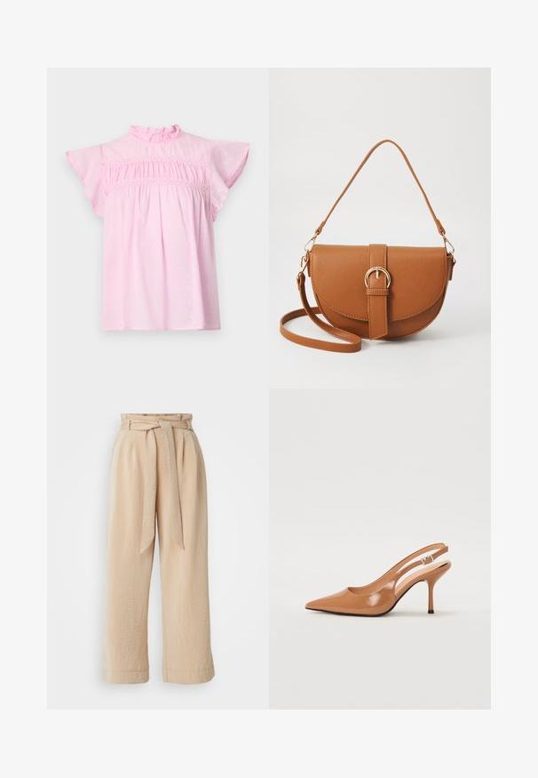 Roosa puuvillane pluus, millel on rippuv kaelus, lendavad varrukad ja kokku volditud rind, kaunistatud pitsist äärega. Peen punktide tekstuur.; Bežid laiad püksid, millel on rihmaga vöö, valmistatud tekstuurlisest kangast. Omavad esikurtse ja sujuvat viimistlust ääres.; Küüntega slingback konts, mis on valmistatud siledast ja läikivast tan värvi materjalist. Omab kaarjat lõigatud disaini ja õhukest stiletto kontsa. Hõbedane pandla detail.; Pruun nahast õlakott, millel on kumer kuju, kullavärvi riistvara ja pandlaga kaunistus. Omab eemaldatavat õlarihma.