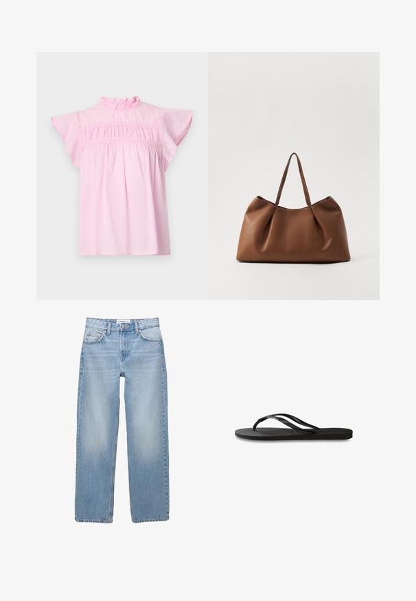 Ružová bavlnená blúzka s volánovým výstrihom, splývavými rukávmi a nazhromaždenou legeis s dekoratívnym čipkovým lemovaním. Jemná textúra s bodkami.; Svetlomodré džínsy s rovnými nohavicami, päť vrecovými detailmi a viditeľným šitím. Tkanina má mäkkú, jemne vyblednutú textúru.; Čierne žabky s textúrovanou gumovou podrážkou, dvoma štíhlymi popruhmi a diskrétnym embosovaným logom na popruhu.; Hnedá kožená taška na rameno so soft a zakriveným dizajnom, s plisovanou textúrou a dvoma pevnýmú rukoväťami. Minimalistické prešívanie ako akcent.
