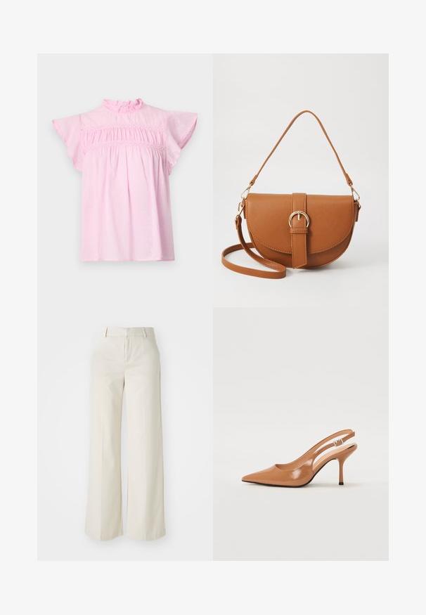 Roza pamučna bluzica s ruffled izrezom, lepršavim rukavima i nabranim tijelom sa dekorativnom čipkastom obrubom. Suptilna tekstura s točkicama.; Hlače širokih nogavica u svijetloj bež boji, izrađene od glatke tkanine. Imaju klasičnu elastičnu traku u struku i ravni prednji dio s čistim linijama.; Sandal s petom u obliku šiljastog prsta od glatkog, sjajnog smeškastog materijala. Ima zakrivljeni izrez i vitku štiklu. Detalj s srebrnom kopčom.; Smeđa kožna torba preko tijela s zakrivljenim oblikom, zlatnim metalnim detaljima i naglaskom na kopču. Ima odvojivu naramenicu.