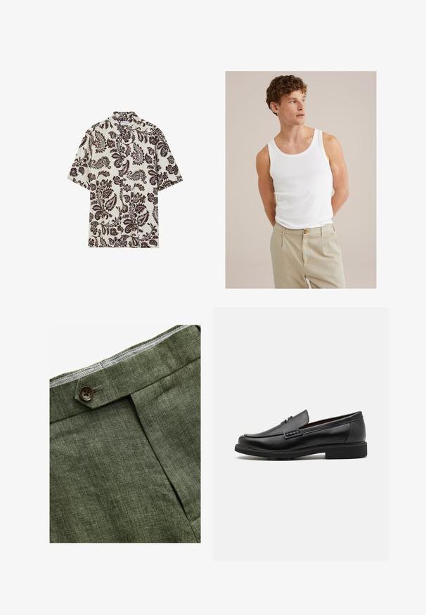 Hemd mit kurzen Ärmeln aus leichtem Stoff, mit einem cremfarbenen Hintergrund und filigranen, dunkelbraunen Paisleymustern sowie einem klassischen Kragen.; Weißes Baumwoll-Top mit rundem Ausschnitt und breiten Trägern, kombiniert mit hellbeigen Hosen mit einem Knopf und Falten.; Olivengrüne Leinenhose mit einem Bundfalten, ausgestattet mit einem Knopfverschluss und einem kontrastierenden karierten Futter am Bund.; Schwarze synthetische Slipper mit einer markanten gesteppten Vorderseite, gepolstertem Fußbett und flacher Gummisohle; schlankes Design mit minimaler Detailverarbeitung.