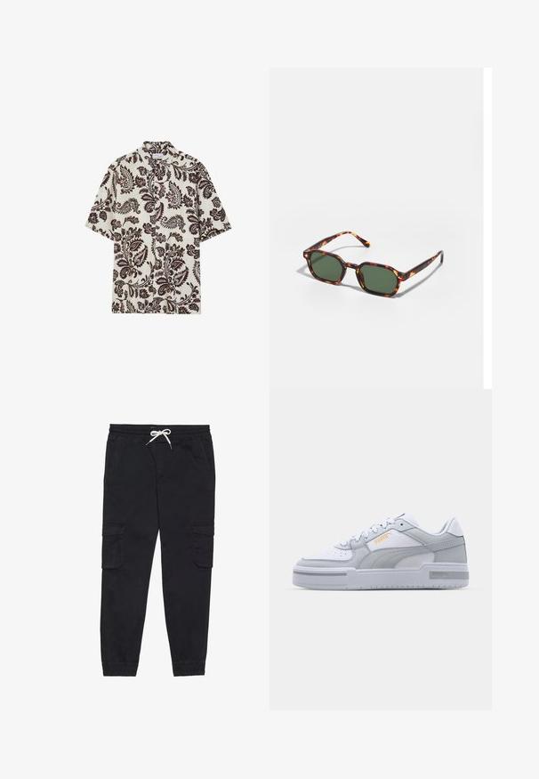 Chemise à manches courtes en tissu léger, avec un fond crème orné de motifs paisley en marron foncé et un col classique.; Pantalons cargo noirs en coton, avec une taille élastique et un cordon de serrage, des poches latérales et des poignets fuselés.; Baskets grises et blanches avec une tige en cuir lisse, un bout perforé, un système de laçage, des accents texturés et un logo doré subtil.; Lunettes de soleil en écaille de tortue avec des verres verts, présentant une forme octogonale et des branches minces et courbées. Le matériau a une finition brillante.