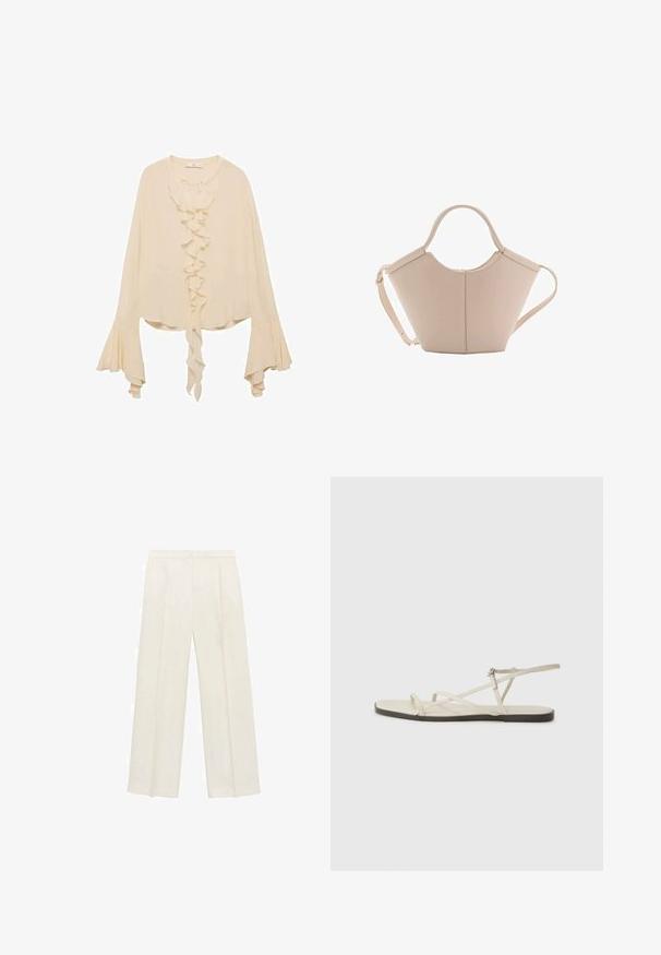 Mango Blus - off-white; Breda byxor i en ljus krämfärg. Tillverkade av ett mjukt tyg med veck fram och sidofickor.; Beige platt sandal med flera smala remmar och ett justerbart spänne. Sulan är platt med en lätt mörk kontrast vid kanten.; Beige läderhandväska med en unik form, med två korta handtag och ett långt justerbart axelband. Slät textur med minimal hårdvara.