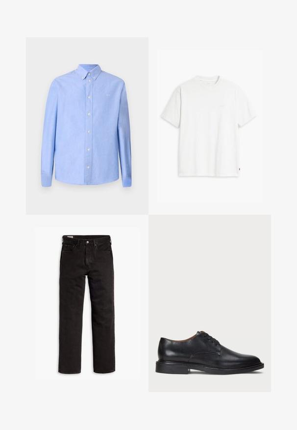Lichtblauw overhemd met lange mouwen, gemaakt van stof met een gladde textuur. Beschikt over een button-down kraag en witte knopen. Klein logo op de borst.; Witte katoenen T-shirt met korte mouwen, ronde hals en subtiele Levi's logo gedrukt in het midden. Zachte textuur en standaard pasvorm.; Zwarte recht gesneden denim jeans met vijf zakken, knoopsluiting en riemlussen, plat gelegd op een witte achtergrond.; Zwart leren dresschoen met een ronde neus, vetersluiting en een lage gestapelde hak. Gladde textuur met minimale stiksels.