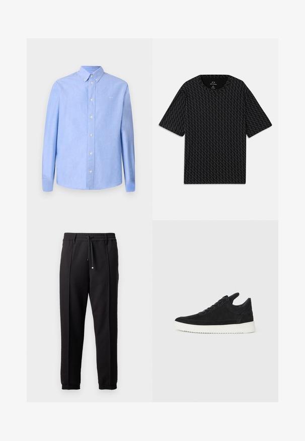 Camicia a maniche lunghe di colore azzurro chiaro realizzata in tessuto dalla superficie liscia. Presenta un colletto con bottoni e bottoni bianchi. Piccolo logo sul petto.; T-shirt nera con un motivo testurizzato di loghi 'A' alternati, maniche corte e scollo rotondo. Realizzata in tessuto leggero.; Pantaloni neri con cintura, cordoncino e polsini elasticizzati. Presentano pieghe e un tessuto liscio e strutturato.; Sneaker in suede nero con suola in gomma bianca, caratterizzato da cuciture tonali e design con lacci. Texture liscia con una forma moderna e aerodinamica.