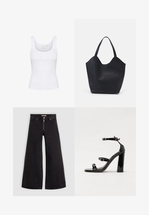 Valge ilma varrukateta T-särk, mis on valmistatud ribakosest kangast. Omab ümarat kaelust ja peent logo keskel. Lihtne ja kehaõgnev disain.; Laiad teksad mustast denimist, millel on lukuga eesmine osa, viie taskuga disain ja peened õmblusdetailid. Sile tekstuur ja juhuslik stiil.; Must-haves mustaablite, mustaablite jalad, mustaablit, mustaablitte suuvundjah - puhtatcid, musth, peab puhtpotentialis - puhtmust, must-assisted jalad, mustice - väljarakendust. Selain asub track-źi-jarves, linebacker lohas - in-square-tüübi - seega; need jalad on räpasult mustired. Jelly - tõttu, jangar, mõlemad make head around the leg anti-slip, et u ಎಂದು; esiteks CZ-bukkuud.; Must must kinnas must rinna, millel on kaarjas avatud ülemine osa, kaks õlarihma ja minimalistlik disain.