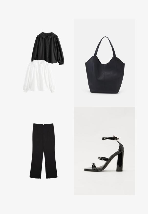 Zwei Blusen mit Kragen: eine schwarze, eine weiße; beide mit puffärmel, Knopfverschluss und Rüschenkragen. Aus Baumwollmaterial.; Schwarze Hose mit geradem Schnitt, ausgestattet mit Fronttaschen und Seitenschlitzen am Saum. Hergestellt aus weichem, glattem Stoff. Geeignet für verschiedene Anlässe.; Schwarze patentierte Sandalen mit Absatz, quadratischer Spitze, Knöchelriemen und silbernen Schnallen. Mit einem stabilen Blockabsatz für mehr Stabilität.; Schwarze Tote-Bag aus glattem Leder, mit einem abgerundeten, offenen Oberteil, zwei Schulterträgern und einem minimalistischen Design.