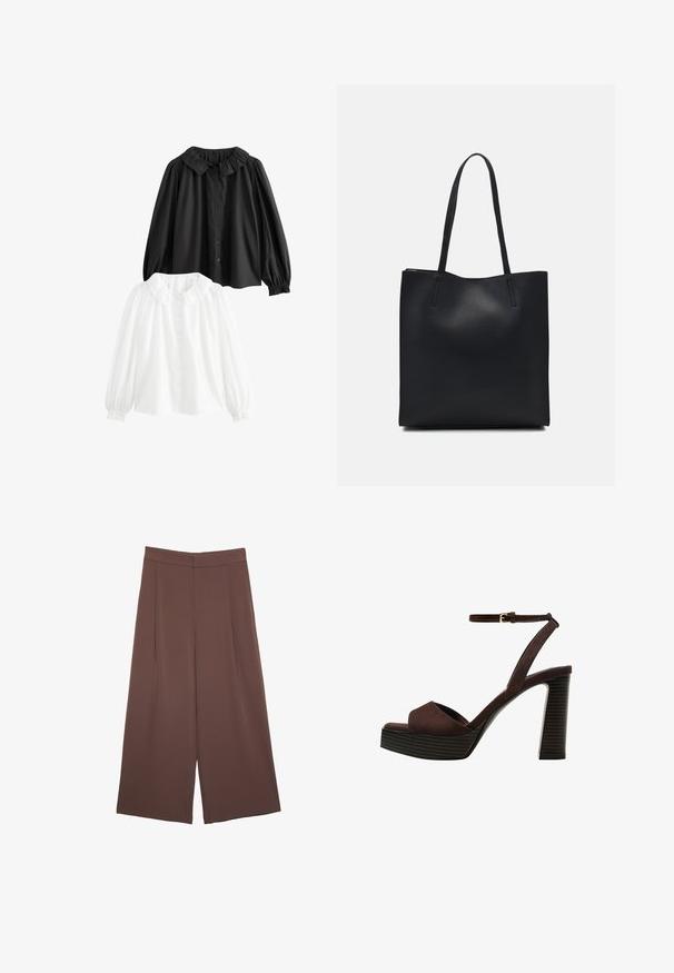 Due bluse collare: una nera, una bianca; entrambe con maniche a sbuffo, chiusura con bottoni e dettagli di collare arricciati. Materiale in cotone.; Pantaloni ampi marroni con una texture liscia, caratterizzati da una vita alta e pieghe frontali. Il tessuto è leggero e scorre liberamente.; Sandal in camoscio marrone con tacco alto, punta aperta, cinturino alla caviglia regolabile e suola a piattaforma striata.; Borsa tote in pelle nera con texture liscia, forma rettangolare e due manici lunghi. Nessun hardware o decorazione visibile.
