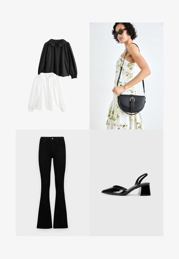 Due bluse collare: una nera, una bianca; entrambe con maniche a sbuffo, chiusura con bottoni e dettagli di collare arricciati. Materiale in cotone.; Jeans neri a vita alta con chiusura a bottoni e zip, tasche frontali e gambali svasati, distesi su uno sfondo bianco.; Décolleté in vernice nera con punta affusolata e tacco in geometria cubica. Presentano un design elegante e minimalista, con una texture liscia.; Borsa a tracolla nera in pelle con una forma curva, manico rimovibile e accessori dorati. La borsa presenta una patta con un dettaglio a fibbia.