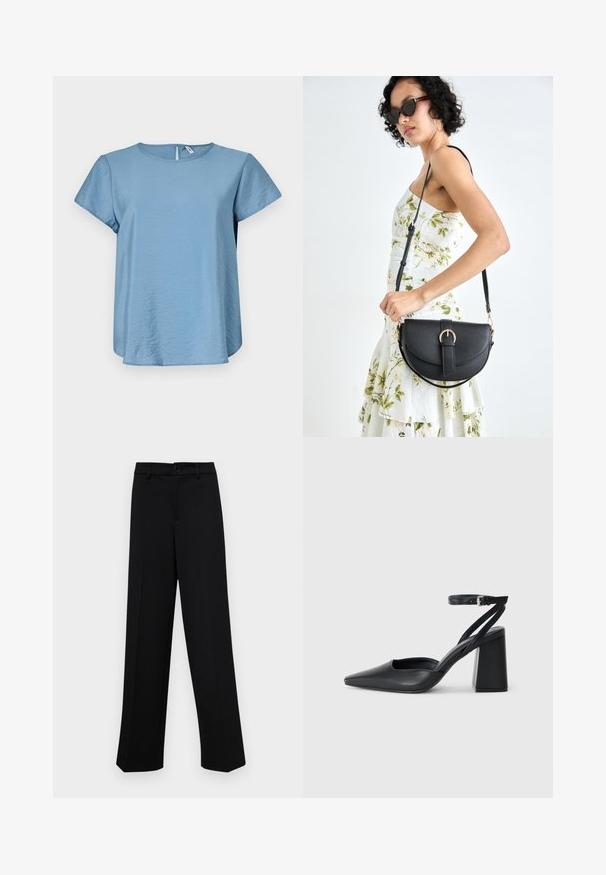 Top scurt cu mâneci scurte, de culoare albastru deschis, cu guler rotund, confecționat dintr-un material neted, având o ușoară strălucire și o închidere tip cheiță la spate.; Pantaloni negri cu croi larg, dintr-un material neted, având un talie clasică cu închidere prin buton și plisuri frontale.; Pantofii cu toc ascuțit din piele neagră, cu breteaua pentru glezne și toc gros. Textură netedă, design elegant și estetică minimală.; Geantă din piele neagră, cu o formă curbată, curea detașabilă și accesorii aurii. Geanta are un capac cu un detaliu tip cataramă.