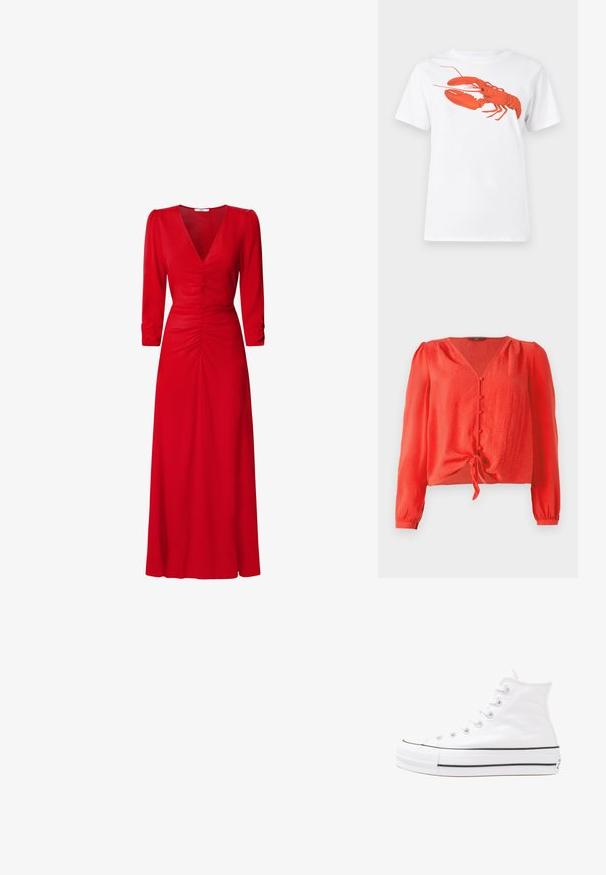 Rote Bluse mit langen Ärmeln, V-Ausschnitt und vorderem Knopfverschluss. Sie hat einen Bindegürtel in der Taille und besteht aus einem weichen, strukturierten Stoff.; Weißes Baumwoll-T-Shirt mit einem großen, leuchtend roten Hummer-Design auf der Vorderseite. Mit kurzen Ärmeln und klassischem Rundhalsausschnitt.; Rotes Kleid mit V-Ausschnitt, 3/4-Ärmeln und Raffung an der Taille und am Rücken. Der Stoff wirkt glatt und leicht.; Weiße hochwertige Leinensneaker mit schwarzer Gummisohle, vorderem Gummizehenschutz und sechs Ösen für Schnürsenkel, die ein sauberes, minimalistisches Design aufweisen.; Rote Lederhandtasche mit einem kantigen, geometrischen Design. Verfügt über einen verstellbaren Schulterriemen und einen Klappenverschluss mit genähten Details.