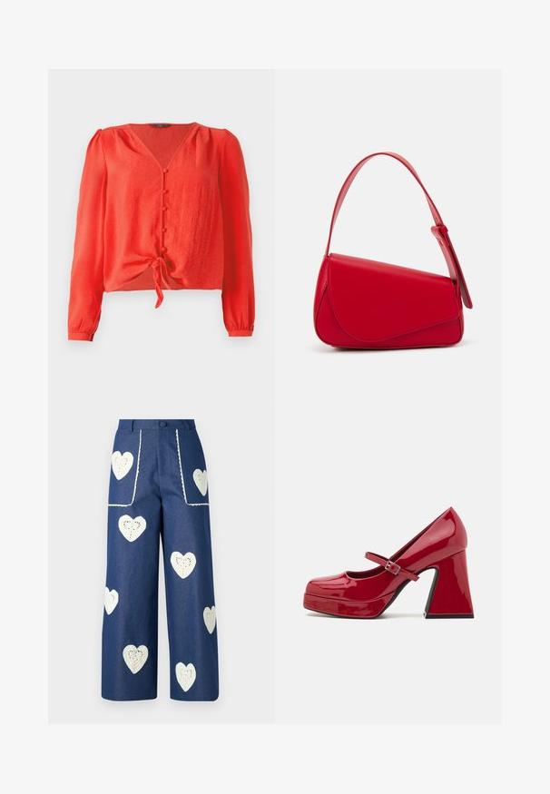 Red long-sleeve blouse with a V-neck and front button closure. Features a tie at the waist and soft, textured fabric.; Sister Jane HEART TO HEART - Straight leg jeans - blue denim; Red patent leather Mary Jane high heel shoe with a round toe, platform front, buckle strap, and a sculpted block heel.; Red leather handbag with an angular, geometric design. Features a single adjustable strap and a flap closure with stitched detailing.