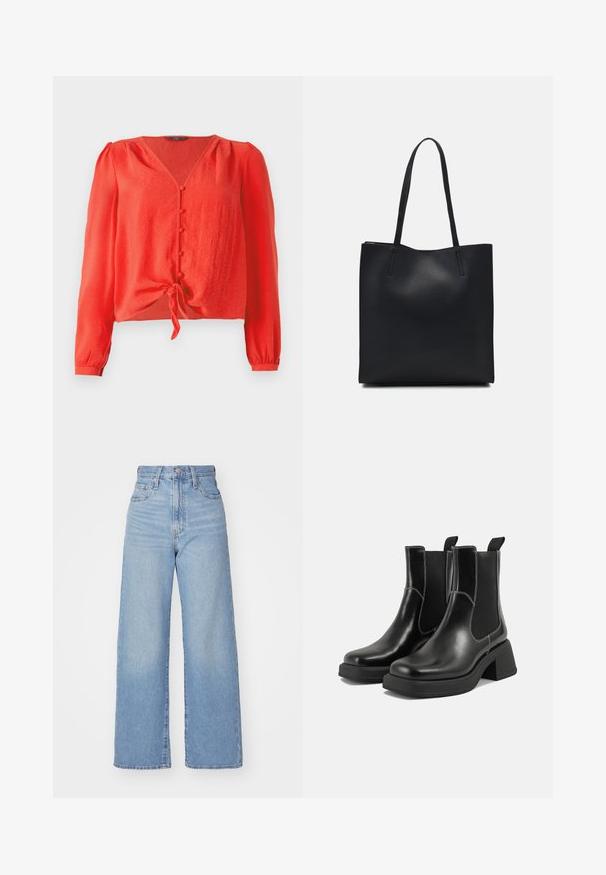 Blouse rouge à manches longues avec un décolleté en V et une fermeture à boutons sur le devant. Dotée d'un lien à la taille et d'un tissu doux et texturé.; Jean large taille haute bleu clair avec bouton et fermeture éclair à l'avant, poches avant et arrière, sur fond blanc.; Bottes Chelsea en cuir noir avec un talon épais, des panneaux latéraux élastiques et des coutures blanches contrastantes. Fini texturé.; Sac fourre-tout en cuir noir avec une texture lisse, de forme rectangulaire et deux longues poignées. Pas de matériel ou d'ornementations visibles.