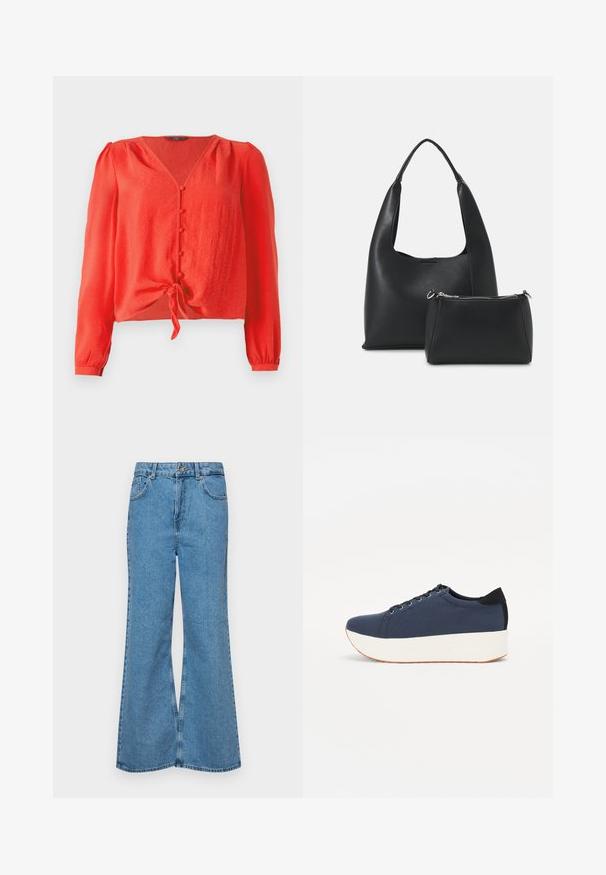 Czerwona bluzka z długim rękawem z dekoltem w kształcie V i zapięciem na guziki z przodu. Posiada wiązanie w talii oraz miękki, teksturowany materiał.; Jasnoniebieskie dzwony z denimu, z wysokim stanem, pięcioma kieszeniami i zapięciem na jeden guzik. Miękka tekstura z wyblakłym wykończeniem.; Granatowe trampki z teksturowanej tkaniny, biała platforma, okrągły nosek i czarny akcent na pięcie. Posiadają sześć oczek na sznurówki.; Even&Odd - Torebka
