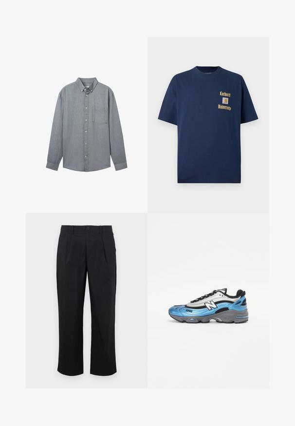 Graues Hemd mit langen Ärmeln, Kragen, einer einzelnen Brusttasche und einem strukturierten Stoff. Mit sichtbaren Knöpfen entlang der Vorderseite verschlossen.; Marineblaue Baumwoll-T-Shirt mit kurzen Ärmeln, mit goldener Schrift "Carhartt University" und einem Logo-Patch auf der linken Brust.; Schwarze Hosen mit geradem Schnitt, ausgestattet mit Falten an der Vorderseite, einem Knopfverschluss und glatter Stoffoberfläche.; Blauer und silberner Sportschuh aus Mesh und synthetischen Materialien, mit einer dicken grauen Sohle und auffälligen schwarzen Akzenten. Modellnummer 1000 sichtbar.