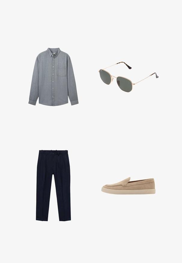 Šedá košile na knoflíky s dlouhými rukávy, límečkem, jednou kapsou na hrudi a strukturovaným materiálem. Zapíná se na viditelné knoflíky vpředu.; Námornické kalhoty vyrobené z hladké látky, s mírně přiléhavým střihem, předními záhyby, poutky na opasek a jednobodovým zapínáním.; Béžová semišová nazouvací bota s kulatou špičkou a prošívanými detaily. Světle barevná gumová podrážka s nízkým profilem.; Sluneční brýle s kovovým zlatým rámem a tmavě zelenými skly, styl aviatorek, s úzkými obroučkami a želvovinovými akcenty na špičkách.