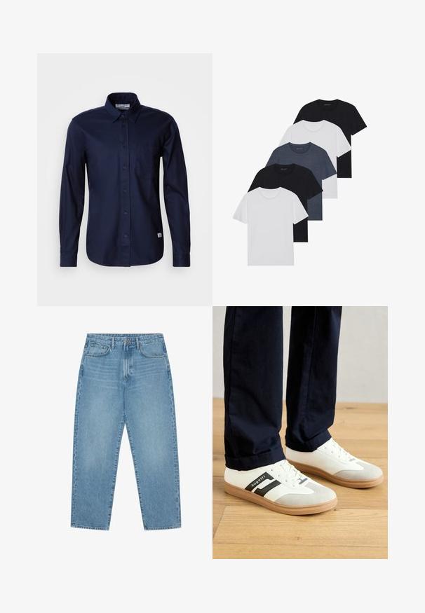 Mørkeblå langermet skjorte med knapper laget av glatt bomull, med klassisk krage, enkelt brystlomme og knapp-fram lukking.; Sett av fem t-skjorter i svart, hvit og marineblå. 100% bomull, kortermet, rund halsdesign og ensfarget uten mønstre.; Lyseblå denim brede benbukser med høy midje, som har fem lommer, beltehemper og en myk, lett falmet tekstur.; Hvite og grå sneakers med svarte striper, laget av lær, med gummisåle og flate lisser. Brukt med marineblå bukser på et trefloor.