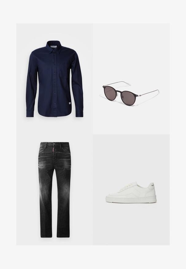 Sötétkék, hosszú ujjú, gombos ing sima pamutból, klasszikus gallérral, egyetlen mellzsebbel és gombos elülső záródással.; Fekete farmernadrág egyenes szabással. Fakadó területek, kisebb kopások, klasszikus öt zsebes kialakítás és gombos zárás jellemzi.; Fehér bőr sportcipő sima felülettel, kerek orral, lapos fűzőkkel és texturált talppal. Finom logó található a sarokon.; Fekete kerek napszemüveg sötét lencsékkel és karcsú fém szárakkal. Átlátszó szárvégeket és ezüst részleteket tartalmaz az ívnél. Minimalista dizájn.