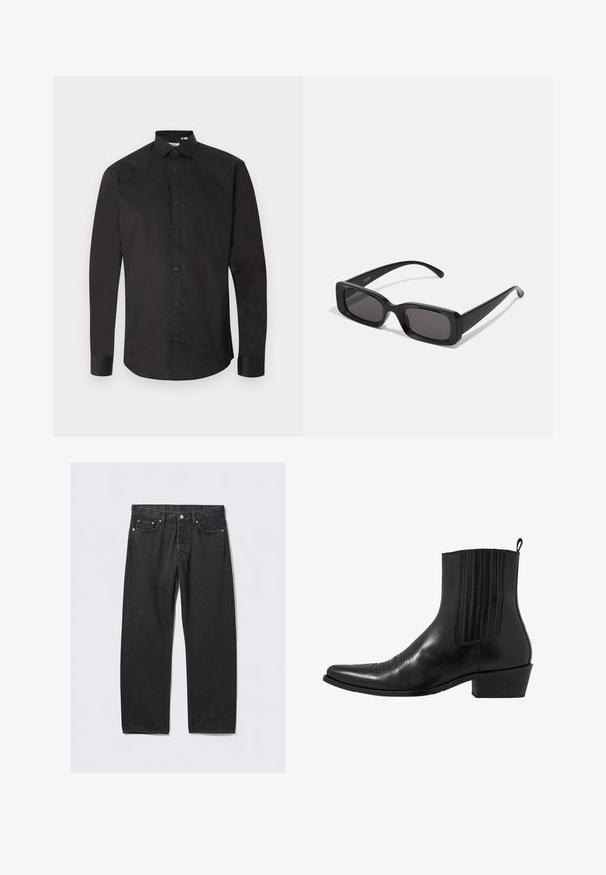 Camisa preta de manga comprida feita de algodão suave, com frente abotoada, colarinho clássico e bainha curva. Design simples, sem padrões.; Jeans de ganga preta com corte reto, apresentando um fecho de botão, cinco bolsos e pormenores de metal em tom cobre. Textura suave.; Bota de tornozelo em couro preto com bico fino, painéis laterais elásticos, detalhes de costura vertical e um salto bloco baixo.; Óculos de sol retangulares pretos com lentes escuras, acabamento brilhante, braços largos e um design de armação robusto. Nome da marca gravado em um dos braços.