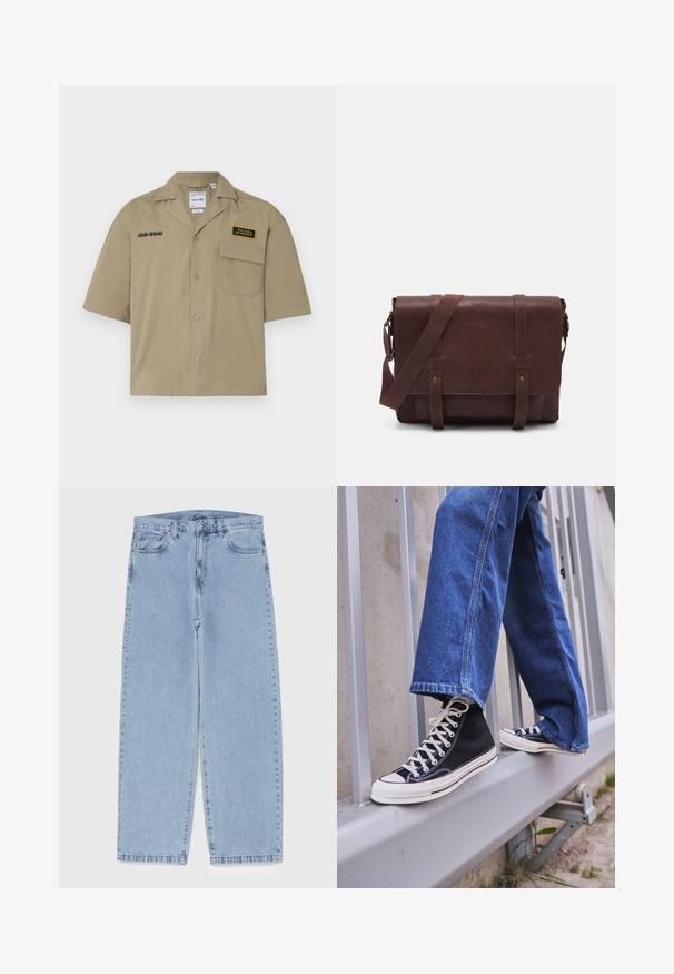 Short-sleeve khaki shirt made of cotton with a button front, featuring chest pocket, embroidered text, and a patch with logos.; Light blue denim jeans with straight leg design, featuring a mid-rise waist, five pockets, and a button and zipper closure.; Black high-top sneakers with white sole and laces, paired with loose blue denim jeans, resting on a gray railing.; Brown leather messenger bag with a flat front flap, two straps, gold hardware accents, and an adjustable shoulder strap.