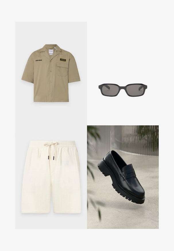 Koszula khaki z krótkim rękawem, wykonana z bawełny, z guzikami z przodu, wyposażona w kieszeń na piersi, haftowany napis oraz naszywkę z logo.; Krótki spodenki w kremowym kolorze, uszyte z teksturowanej tkaniny w kratkę. Posiadają elastyczny pas z sznurkiem oraz dwie boczne kieszenie.; Czarne skórzane mokasyny z grubą podeszwą, z dekoracyjnym paskiem i detalami w st więcej. Gładka struktura z polerowanym wykończeniem.; Czarne prostokątne okulary przeciwsłoneczne z ciemnoszarymi soczewkami, posiadające grubą plastikową oprawę i gładką teksturę. Brak widocznego logo.