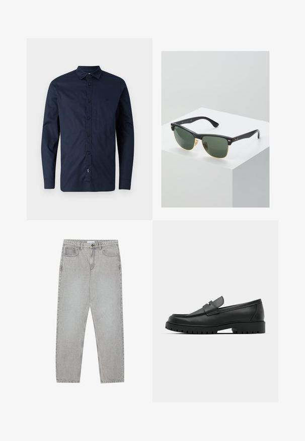 Camisa de manga larga azul marino hecha de algodón, con cuello abotonado, tapeta delantera con botones y un sutil logo en el pecho.; Pantalones de mezclilla gris claro con un diseño de pierna recta, estilo de cinco bolsillos y cierre de botón. Costuras visibles a lo largo de las costuras.; Mocasines de cuero negro con punta redonda, que cuentan con un diseño cosido, suela de plataforma baja y una suela de goma texturada y con tacos.; Gafas de sol Ray-Ban con lentes verdes, montura de plástico negro y acentos dorados en los bordes. Forma cuadrada con acabado mate.