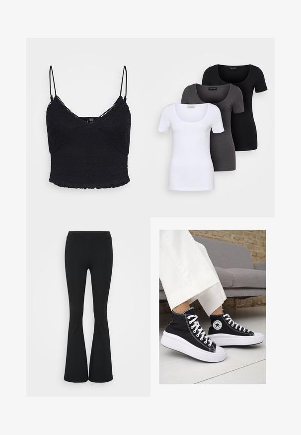 Črna čipkasta top z nastavljivimi tankimi naramnicami, ki se ponaša s textured vzorci in valovitim robom. Polprosojen material z oprijetim krojem.; Tri prilegla majica v beli, sivi in črni barvi. Vsaka ima širok izrez na vratu in kratke rokave. Narejene so iz gladkega, raztegljivega materiala.; Črne hlače s širokimi hlačnicami, izdelane iz raztegljive tkanine, z visokim pasom in gladko teksturo. Hlače se širijo od kolena navzdol.; Črne platnene visoke superge z belimi gumijastimi podplati in vezalkami. Imajo krožni logotip na strani in kontrastno bele šive.
