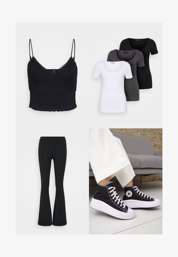 Zwarte kant camisole met verstelbare dunne bandjes, voorzien van textuurpatronen en een geschulpte zoom. Semi-doorzichtige stof met een aansluitend ontwerp.; Drie getailleerde T-shirts in het wit, grijs en zwart. Elk met een brede ronde hals en korte mouwen. Gemaakt van gladde, rekbare stof.; Zwarte uitlopende broek van rekbaar materiaal, met een hoge tailleband en een gladde textuur. De broek loopt uit vanaf de knie.; Zwarte hoge sneakers met witte rubberen zolen en veters. Voorzien van een ronde logo patch en contrasterende witte stiksels. Gemaakt van canvas.