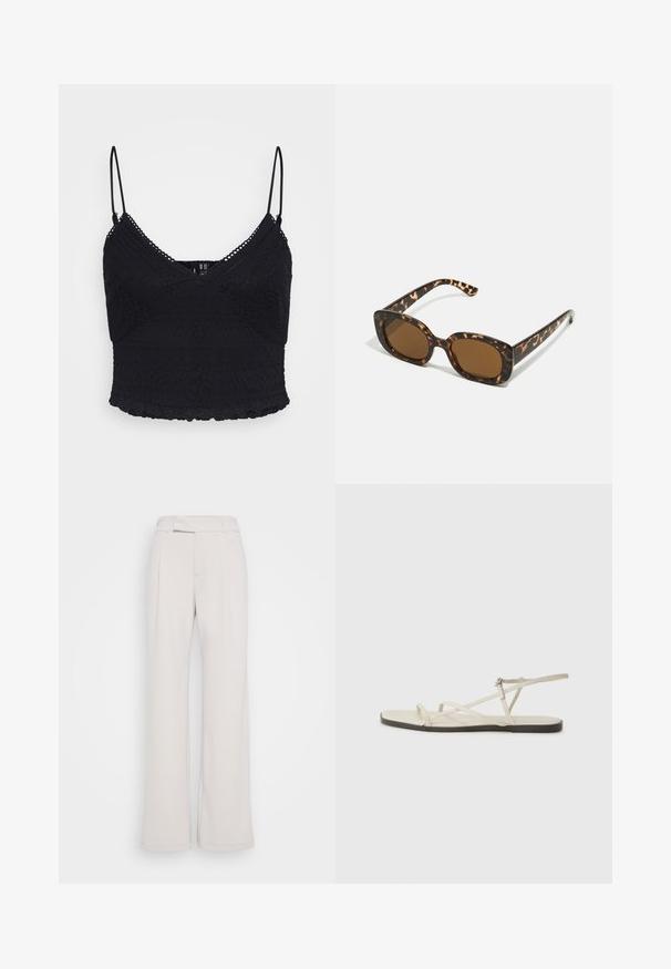 Juodas nėrinių kamerinis marškinėlis su reguliuojamomis plonomis petnešėlėmis, puikuojantis tekstūruotais raštais ir banguotu kraštu. Pusiau permatomas audinys su prigludusia forma.; Plačios kelnės šviesiai bežinio audinio su pritaikytu liemeniu, priekinėmis raukšlėmis ir lygiu paviršiumi. Kasdienis dizainas, be matomų raštų ar furnitūros.; Bežiniai plokšti sandalai su keliais lieknais dirželiais ir reguliuojamu užsegimu. Padas plokščias, su lengvu tamsiu kontrastu krašte.; Kare klasikinės saulės akinių rėmeliai su apvalia, didesne forma ir rudais objektyvais. Yra subtilių raštų ir tiesių, siaurėjančių šonų.