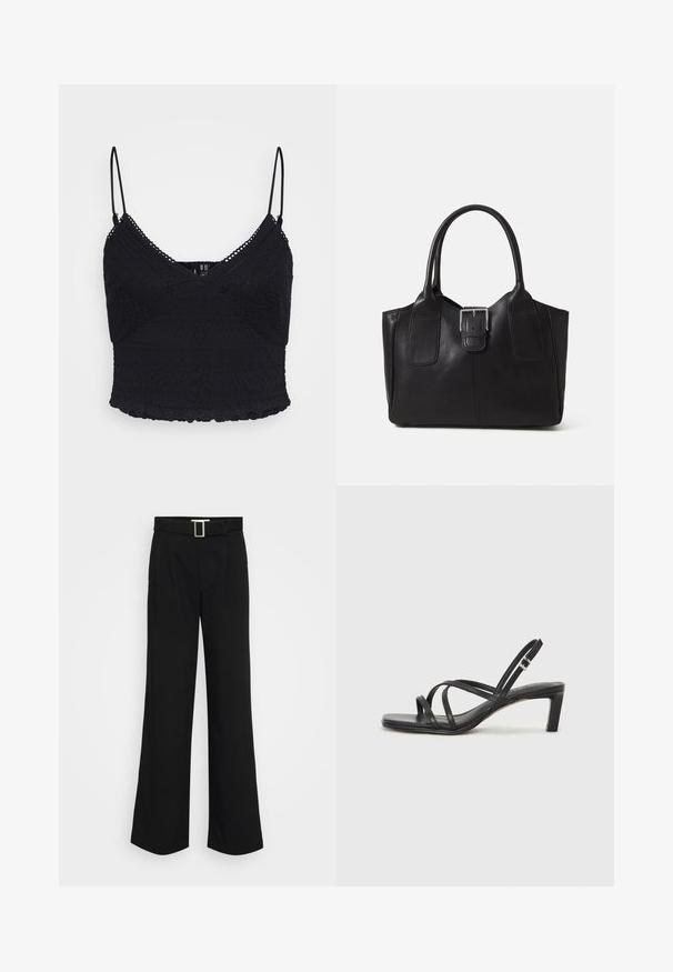 Zwarte kant camisole met verstelbare dunne bandjes, voorzien van textuurpatronen en een geschulpte zoom. Semi-doorzichtige stof met een aansluitend ontwerp.; Zwarte wijde broek gemaakt van lichtgewicht stof, met een gladde textuur, voorplooien en een riem met een vierkante metalen gesp.; Zwarte sandaal met bandjes, vierkante teen en een lage blokhak. Voorzien van meerdere dunne bandjes en een verstelbare enkelband. Gemaakt van zacht leer.; Zwarte leren tote bag met een gladde textuur, gestructureerde vorm, twee handvatten en een opvallend zilveren sluitingdetail aan de voorkant.