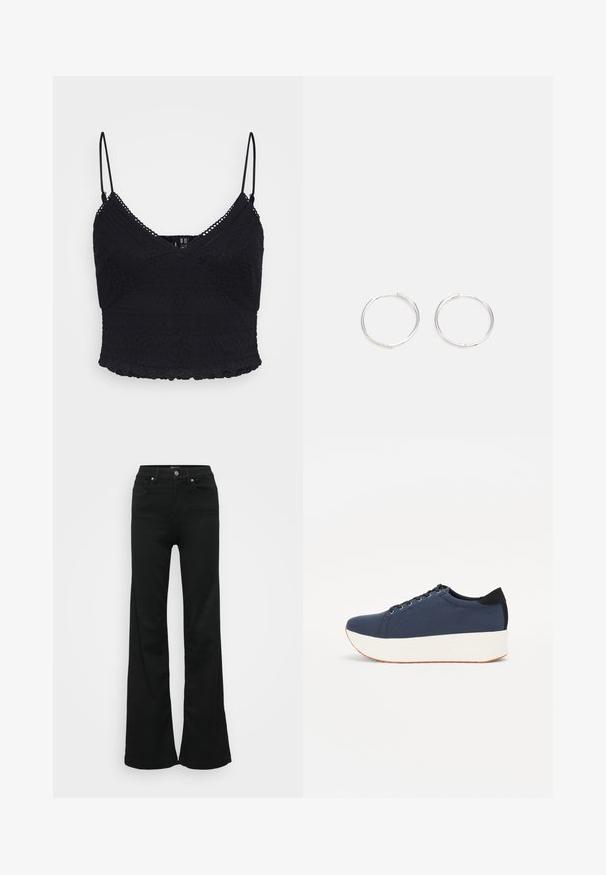 Čierny čipkovaný top s nastaviteľnými tenkými popruhmi, s textúrovanými vzormi a volánovým lemom. Polopriesvitná látka s priliehavým strihom.; Čierne rozšírené džínsy vyrobené z denimu, s vysokým pásom, piatimi vreckami a kovovým zapínaním. Hladká textúra s minimálnym zdobením.; Námornícky modré tenisky s textúrovaným textilným zvrškom, bielou platformovou podrážkou, zaoblenou špičkou a čiernym akcentom na päte. Obsahujú šesť otvorov na šnúrky.; Strieborné kruhové náušnice s elegantným, okrúhlym dizajnom, s hladkým povrchom a bez viditeľných ozdôb. Priemer nie je špecifikovaný.