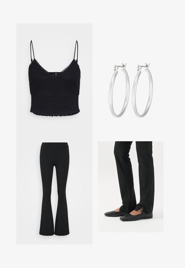 Schwarzes Spitzen-Camisole mit verstellbaren dünnen Trägern, das über strukturierte Muster und einen gewellten Saum verfügt. Semitransparentes Material mit einer figurnahen Passform.; Schwarze, ausgestellte Hosen aus dehnbarem Material mit hohem Bund und glatter Textur. Die Hose weitet sich ab dem Knie.; Schwarze Leder-Ballerinas mit spitzer Zehenpartie, Riemchen mit silberner Schnalle, kombiniert mit schwarzen taillierten Hosen mit Schlitzsaum.; Silberne Creolen mit einer glatten, polierten Oberfläche. Runder Form und sicherem Klickverschluss. Leichtes Design, geeignet für den täglichen Gebrauch.