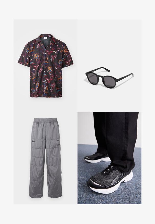 Korte mouwen knoopshirt van zwart meshmateriaal met een kleurrijk bloemenpatroon in rood, blauw en oranje; PUMA-logo zichtbaar.; Grijze pufferbroek met een elastische tailleband, voorzien van doorgestikte ontwerp lijnen en een klein zwart logo op de linker dij. Lichtgewicht materiaal.; Zwarte sportieve schoenen van mesh stof, met een witte zool en zwarte accenten. De zool heeft een gestructureerde loopvlak. Gemaakt in combinatie met zwarte broek op een blauwe tapijtoppervlakte.; Zwarte zonnebril met een rond, licht golvend frame, donkere glazen en rechte zwarte pootjes. Glad, glanzend oppervlak zonder zichtbare patronen.