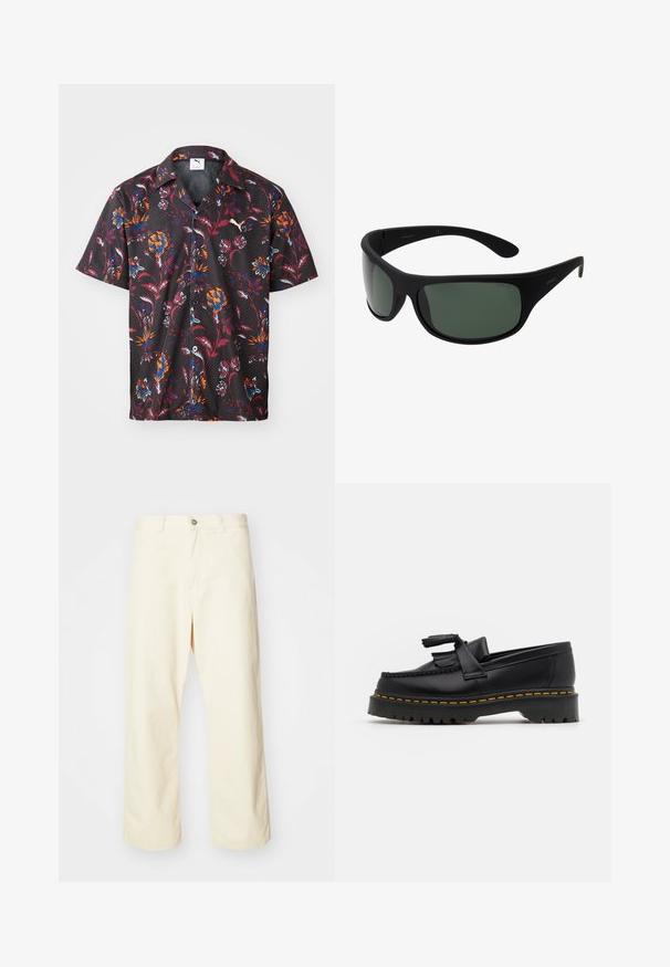 Kortermet skjorte med knapper i svart mesh-stoff, med et fargerikt blomsterdesign i rødt, blått og oransje; PUMA-logoen synlig.; Kremfargede bukser med vid ben som er laget av bomull, med knappelukking, beltehemper og sydd søm. Glatt tekstur, ingen synlige mønstre.; Svart skinn loafers med en kvastdetalj, med en tjock svart sula och gul sömnad längs kanten. Texturerad yta.; Sorte innpakningssolbriller med mørk grønne linser. Matt finish, buet design, med rette armer og diskret merkevare på siden.