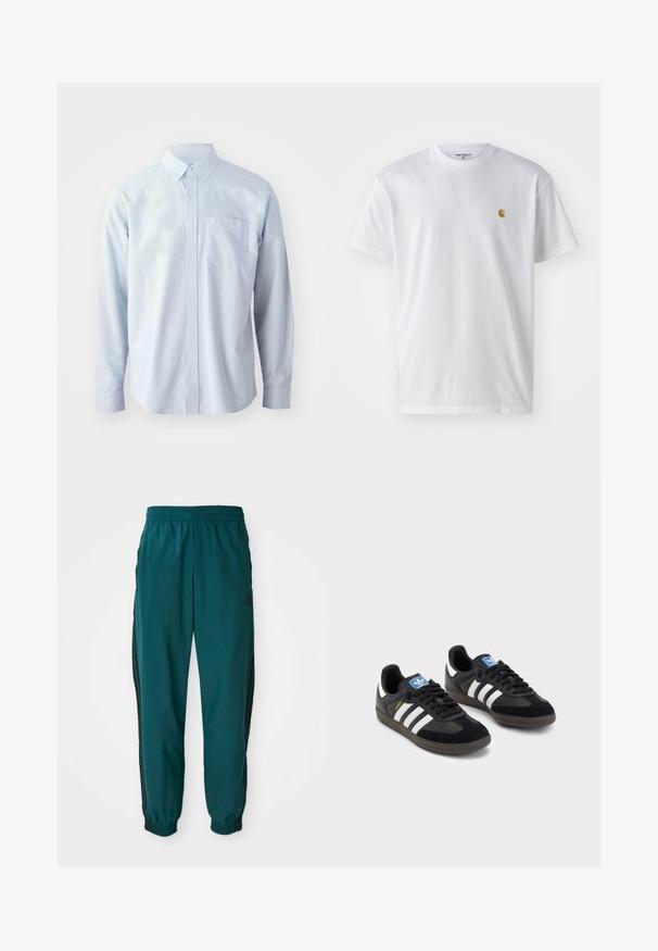 Svetlomodrá košeľa s dlhým rukávom vyrobená z bavlny. Má golier s gombíkmi, predné gombíky a vrecko na hrudi na ľavej strane.; Biele bavlnené tričko s krátkymi rukávmi, okrúhlym výstrihom, s malým zlatým logom na ľavej strane hrude. Mäkká textúra a normálny strih.; Tyrkysové športové nohavice s viazaním v páse, elastickými manžetami a bočnými čiernymi pruhmi. Vyrobené z ľahkej tkaniny, s logom blízko bedra.; Čierne tenisky so zvrškom z semišu a syntetického materiálu, s tromi bielymi pruhmi, štruktúrovanou gumovou podrážkou a modrou logovou etiketou na jazyku.